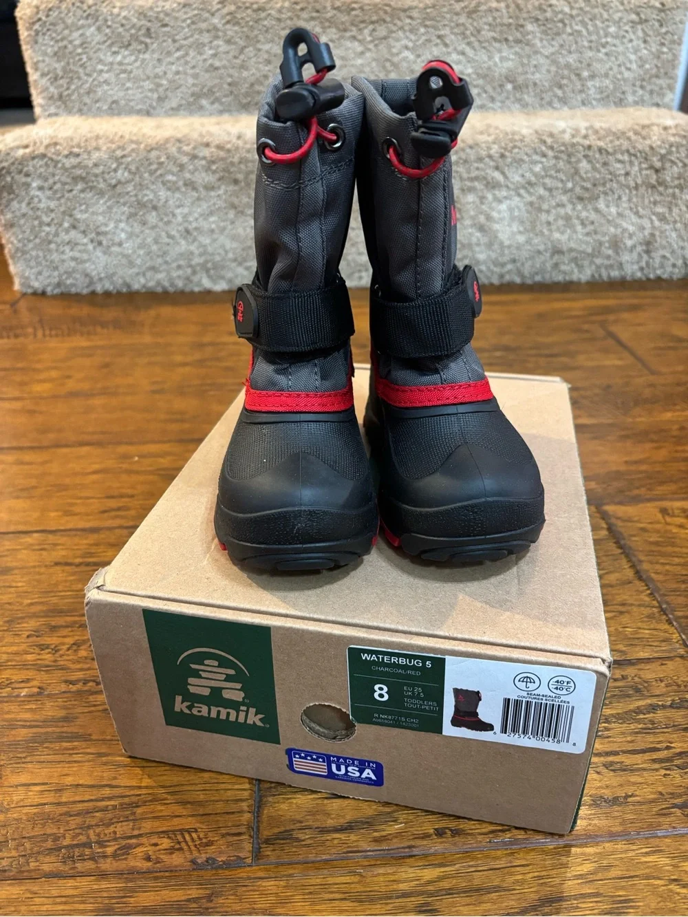 Kamik Kids Gray and Red Waterproof Snow Boots